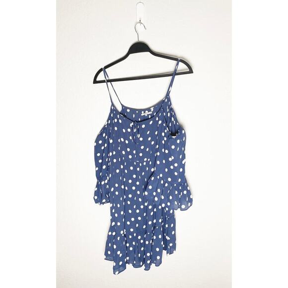 Tularosa Women's Hattie Dress Cold Shoulder Tier Ruffled Mini Blue White Ink Dot - Picture 4 of 10